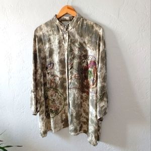 Citron Santa Monica 100% Textured Silk Floral Peacock Blouse 2X